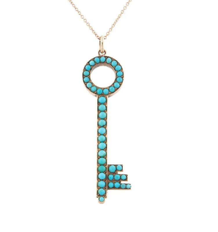 Silver chain necklace for women-Victorian 14kt Rose Gold + Persian Turquoise Key Pendant Necklace