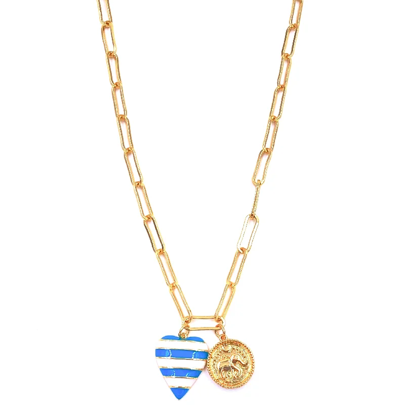 Pearl necklace for women-Ashley Gold Stainless Steel Gold Plated Enamel Blue And White Striped Heart And Elephant Coin Charm Necklace