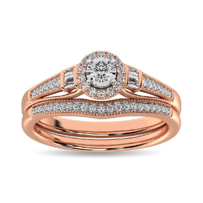 Double halo engagement ring for women-Diamond Bridal Ring 1/4 ct tw in Round and Straight Baguette in 10K Rose Gold