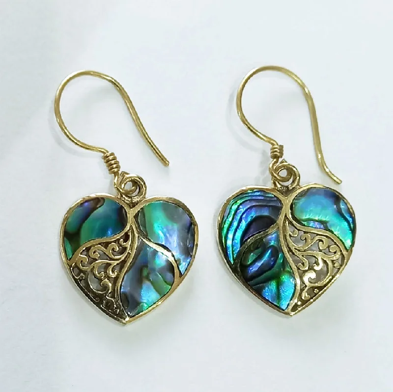 Fashionable earrings for women-Abalone Heart Earrings - Brass, Indonesia