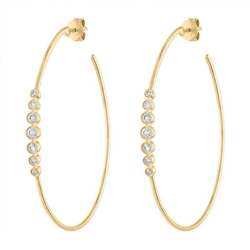 Simple stud earrings for women-14KT GOLD DIAMOND SEVEN BEZEL SET LARGE HOOP EARRING