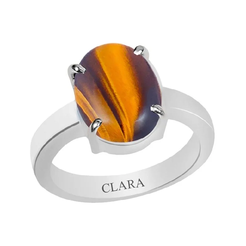 Designer gemstone ring for women-Certified Tiger Eye Prongs Silver Ring 3.9cts or 4.25ratti