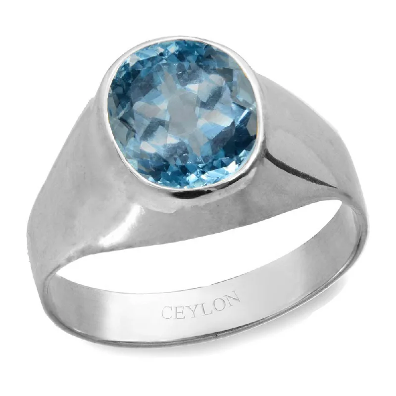 Wide band ring for women-Ceylon Gems Blue Topaz Neela Pukhraj 9.3cts or 10.25ratti stone Bold Silver Ring